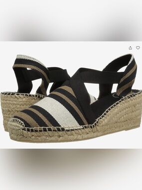 ***TONI PONS**Striped Espadrille Wedge Sandals - Black, Cream & Tan